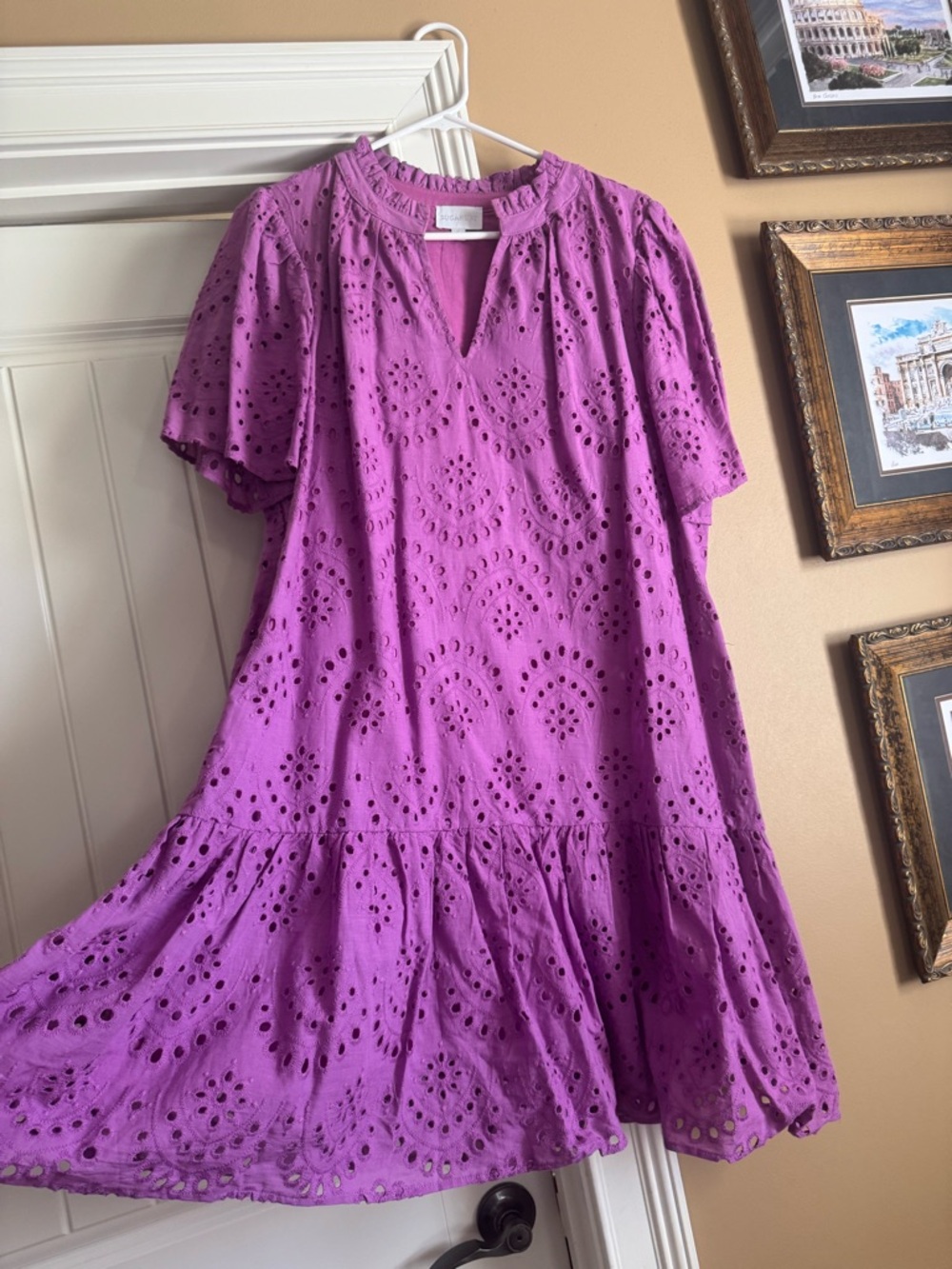 Sugarlips Eyelet Ruffled Neckline Dress in Lavender Pink